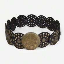 Vintage Metal Punk Waist Belt For Women, Retro American Western Style Colorblock Round Rivet Waist Strap Accessory For Dress, Polka Dot Bohemian PU Leather - bánh tròn - Xem 2