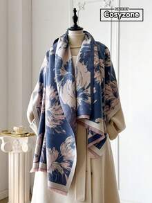 1pc Elegant Floral Jacquard Faux Cashmere Warm Scarf For Women, Versatile Neck Wrap Shawl For Air-Conditioned Room, Autumn/Winter, Fashion Accessory And Gift - Blue - View 1