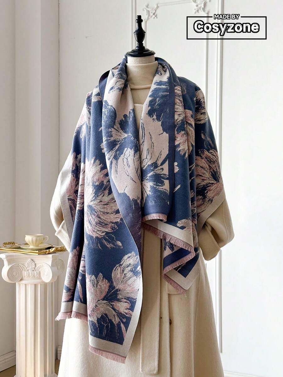 1pc Elegant Floral Jacquard Faux Cashmere Warm Scarf For Women, Versatile Neck Wrap Shawl For Air-Conditioned Room, Autumn/Winter, Fashion Accessory And Gift - Blue - View 1