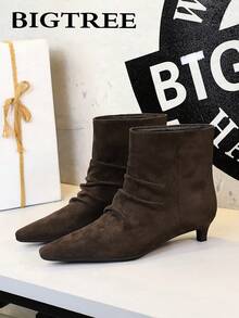 Vintage Pointed Toe Versatile Short Shaft Slim Fit Pleated Ankle Boots, Women's Fashion Boots - Dark Brown - View 2