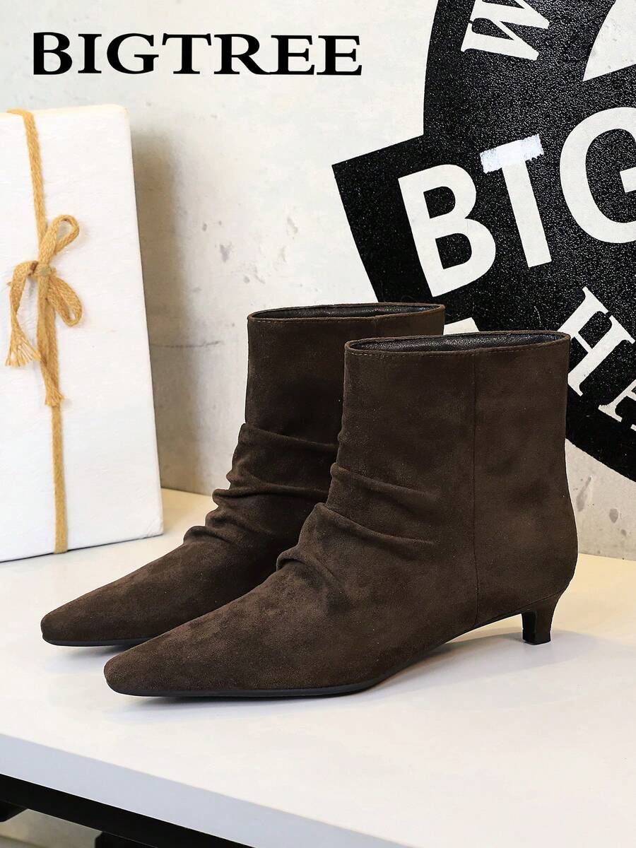 Vintage Pointed Toe Versatile Short Shaft Slim Fit Pleated Ankle Boots, Women's Fashion Boots
