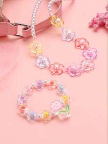 طقم مجوهرات من سوار وقلادة بخرز متعدد الألوان على شكل زهور - تعيين - مشاهدة 6