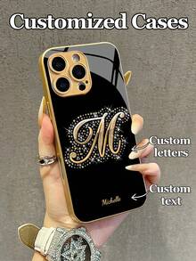 1pc Customizable Personalized Text & Gold Floral Rhinestone Letter Design Tempered Glass Phone Case, Compatible With IPhone 17 Air/16 ProMax/15 Pro/14 Plus/13 Pro/12 Pro Max/11/Xs Max/8/7/6 Plus, S24 Ultra/S25 Ultra/A12, High-End Business Custom Gift For Boyfriend, Girlfriend, Family - Gold - View 4