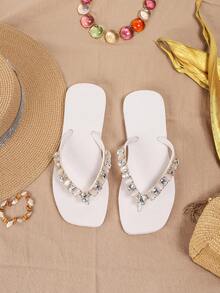 Evertop Surf Dép xỏ ngón nữ mùa hè mới về, dép quai ngang đính đá vuông hai màu đa năng, dép đi biển. - trắng - Xem 2