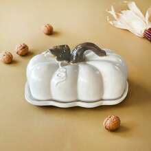 Weiße Keramik Kürbis Butterdose mit Deckel - Thanksgiving Herbst Ernte Küchen Dekoration & Servierplatte - Verschiedenfarbig - Übersicht 6