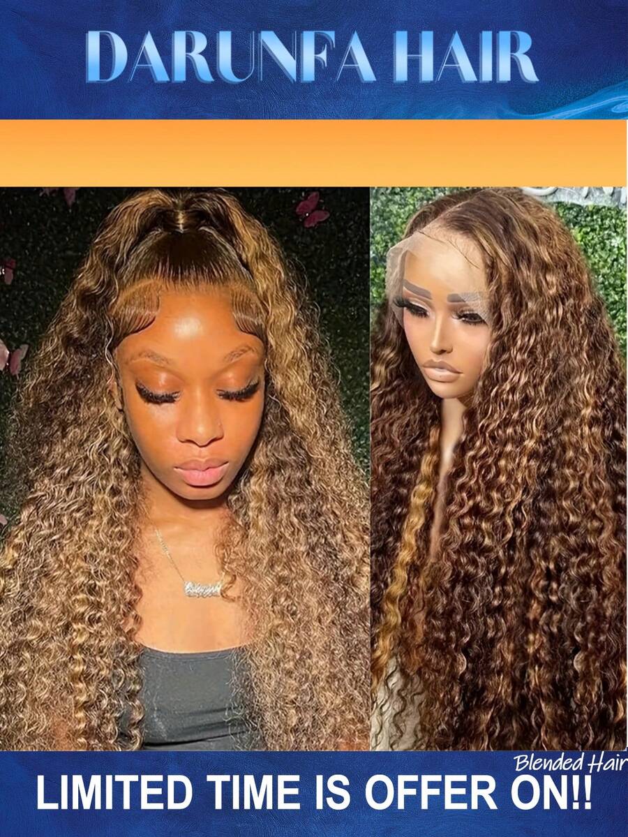 34英寸挑染渐变蕾丝前假发，混合真人发，深波浪卷，13x6高清蜂蜜金蕾丝前假发，P4/27卷曲真人发假发，无胶假发，混合真人发 - SP4/27 - 查看 1