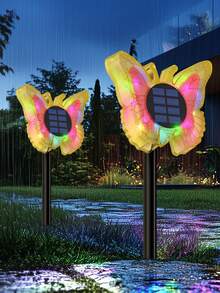 户外太阳能蝴蝶灯 - 变色 3D 发光 - 二合一 壁灯/地灯 - 防水花园装饰灯，适用于庭院、草坪、院子、围栏、后院装饰（红色） - 彩色 - 查看 16