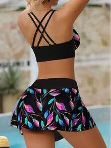 Black And White Flower Drawstring Two Pieces Swimsuit Set Black Triangle Skirt And Drawstring Tankini Set Swimsuit For Women - Multicolor - View 2