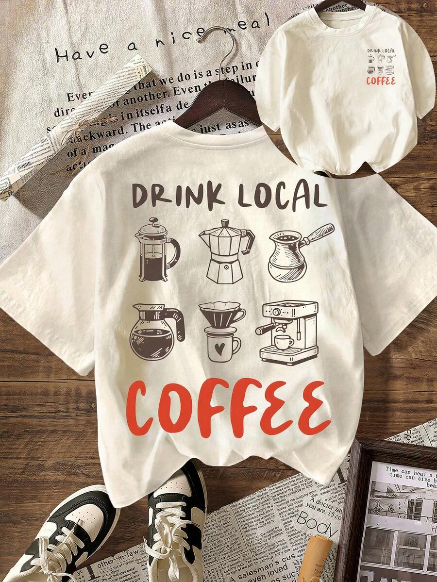 咖啡俱乐部图案T恤，女士休闲圆领短袖T恤，春夏款 - 淺杏色 - 查看 1