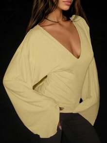 Elegant Deep V-Neck Long Sleeve Knit Sweater Top For Women, Soft & Stretchy, Regular Length, Yellow - Yellow - View 3