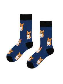 1双男女通用藏蓝色柯基犬印花透气可爱中筒袜，适合日常穿着和宠物主题节日，四季皆宜。 - 彩色 - 查看 2