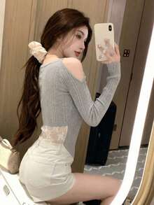 New Sexy Hollow Out Shoulder Long Sleeve Knit Sweater For Women, Contrast Lace Back, Spring/Summer - Gray - View 3