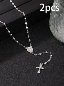 1pc Vintage Style Women's Mary Pendant Cross Necklace With Tassel, Faith Jewelry, Elegant Daily Wear, Birthday & Anniversary Gift - Multicolor - View 13