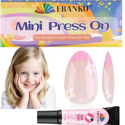 EBANKU 26pcs Press-On Nail Art Stickers For Kids, Floral French Manicure Nail Stickers For Girls Aged 8-12, DIY Home Nail Salon Kids Nails