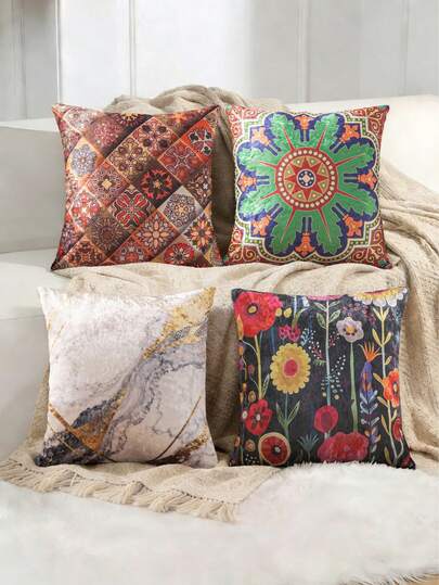 4pcs Middle Eastern Bohemian Style Gold Velvet Throw Pillow Covers 45*45cm Square, Removable & Washable, Home Holiday Decor, Pillow Covers Only (No Inserts)