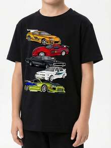 Camiseta de manga corta estampada para niños - suave, transpirable, camiseta de manga corta con cuello redondo, diseño de lata de soda vibrante, lavable a máquina, niños y niñas verano casual tops, tallas 110-150, camiseta de estampado de letras, moda divertida para niños, ropa cómoda para niños, camiseta de manga media para adolescentes - Negro - Ver 1