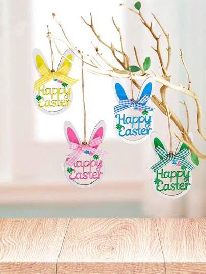 4/8件套复活节兔子挂饰，木雕，带格子蝴蝶结 - 春季家居花园装饰，中性婴儿派对装饰，复活节派对用品