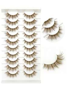 10 Pairs Brown 5D Faux Mink Lashes Transparent Band Fluffy Crisscross Natural Thick Daily Makeup Lashes - Brown - View 1