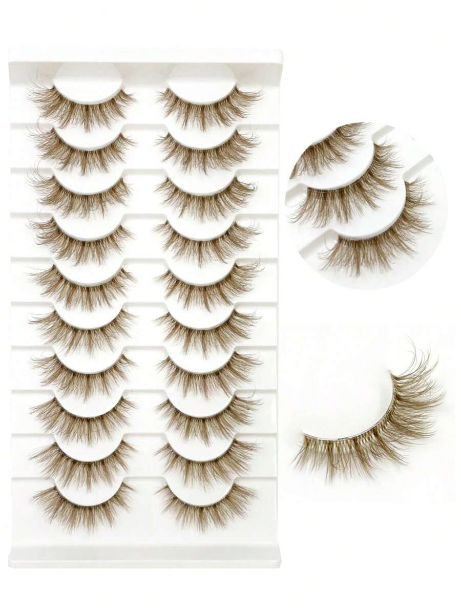 10 Pairs Brown 5D Faux Mink Lashes Transparent Band Fluffy Crisscross Natural Thick Daily Makeup Lashes - Brown - View 1