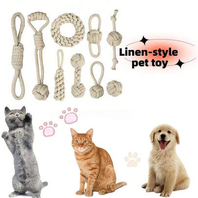 Linen Dog Toys Set, Suitable For Medium & Small Dogs, Includes Rope Toys, Chew Toys With Knots & Balls, Tug Of War, Training, Gum Massage