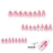 2026hot-Eye Blush Ombre Press On Nails - Short Almond French Tip With 3D Bow, Magnetic Glitter Nails, Cute Manicure Set - JP3779 - 查看 4