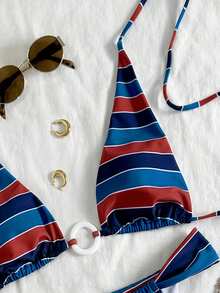 Women's Elegant Striped Print Basic Swimsuit With Round Ring Accessory, Suitable For Various Summer Occasions From Pool To Beach, Daily Triangle Bikini Beach Outfit - Multicolor - View 4