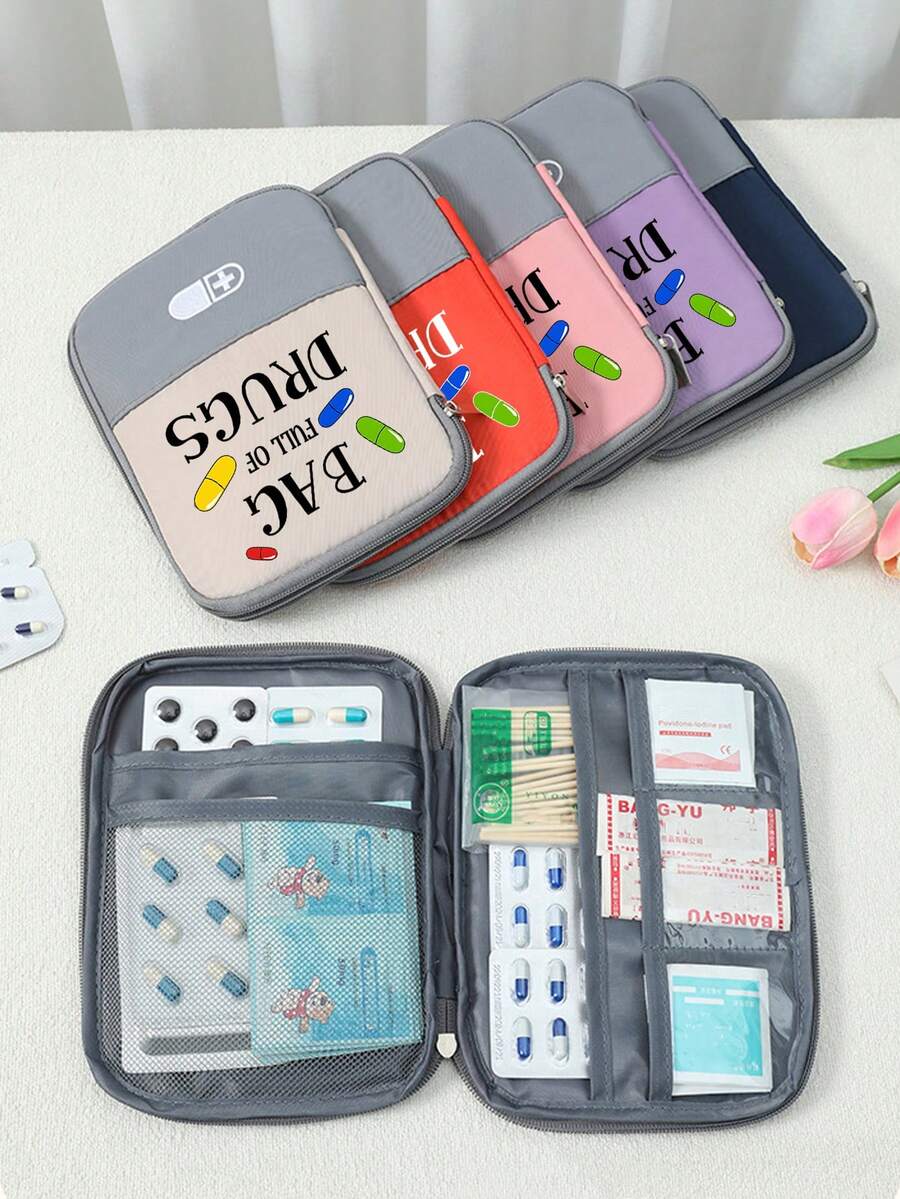 便携式医疗包，印有“装满药丸”字样和药丸图案，小巧的急救包，适合露营、旅行和居家收纳，小型药袋，便捷医疗包，应急包，多种颜色可选，适合日常/户外/旅行，是注重健康和经常外出人士的必备医疗配件，日常健康管理收纳药袋药盒药盒药瓶药盒药瓶容器医院包药品整理器药品收纳袋邮轮必备度假必备旅行用品