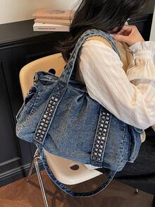 新款时尚铆钉大容量水洗帆布手提包，女士休闲通勤手提单肩斜挎包 - 深色水洗藍 - 查看 3