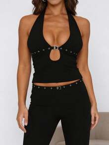 Womens Rivet Halter Tops,Deep V Neck Backless Low Cut Top,Y2K Gothic Going Out Tank Top,Solid Color Fashionable Cropped Top,Summer Vacation Outfits,Rave Outfits,Concert Outfits,Sexy Party Club Streetwear For Women - 黑色 - 查看 4