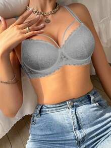 Peach Girl 1pc Sexy Lace Bralette, Comfortable Breathable Underwire Padded Bra, Versatile For Daily Wear - Grey - View 8