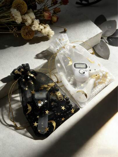 1/2/5 件套精美金箔星月图案欧根纱袋，含念珠（念诵计数器），斋月礼品套装，便携式念珠 | 斋月念诵计数器