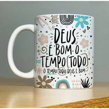 Caneca de Porcelana Personalizada 325ml  Olho Grego - Deus é Bom Tempo Todo - Multicolorido - Visão 1