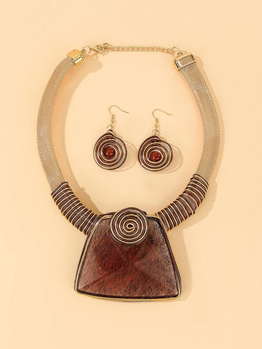 Collar bohemio vintage hecho a mano con piedras preciosas falsas envueltas de manera intrincada - Café - Ver 1