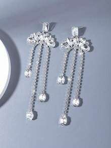 1 Đôi bông tai nữ thanh lịch đính đá pha lê, đế đồng, kiểu dáng tua rua dài, thích hợp cho tiệc tùng, đám cưới, cô dâu, chụp ảnh, trang trí thời trang. - Bạc - Xem 3