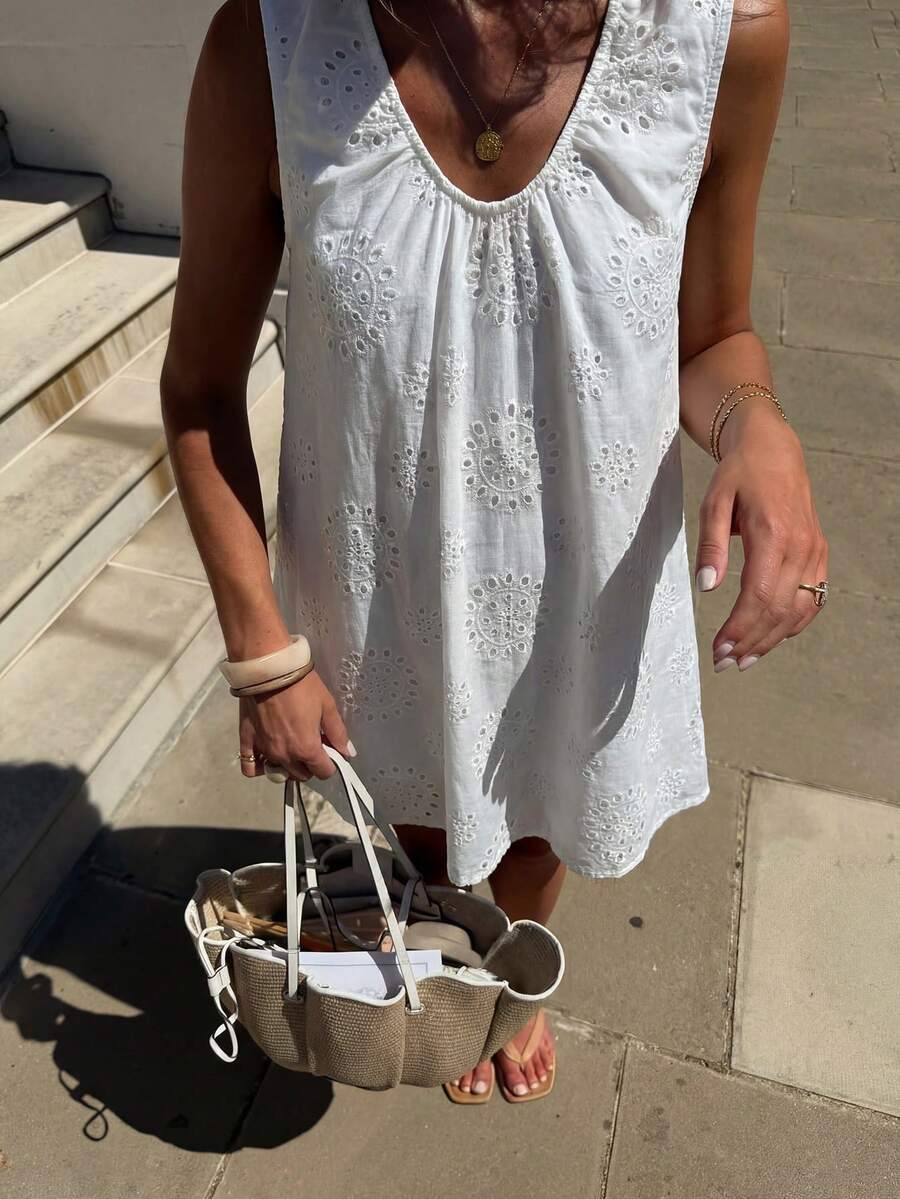 Vuslat Ladies' Summer White Sleeveless Lace Embroidered Casual Bohemian Beach Vacation Dress, Suitable For Beach Vacations, Summer Vacations, Valentine's Day, Carnival, Spring Outings - White - View 1