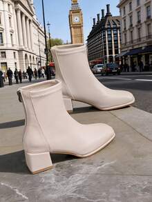 Autumn/Winter New Square Toe Chunky Heel Ankle Boots, Back Zipper Mid Heel Versatile British Style Boots For Women, Slimming High Heel Booties - Beige - View 10