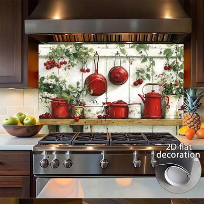 这款厨房墙贴采用二维平面设计，图案为红色砖墙和红色锅具。墙贴易于粘贴，采用PV材质，是家居装饰和现代厨房室内设计的理想之选。