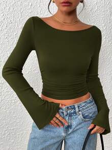 Women's Spring Fall Long Sleeve Shirts Crop Going Out Tops Casual Boat Neck Bell Sleeve Ribbed Ruched Y2K Clothes - Army Green - View 2