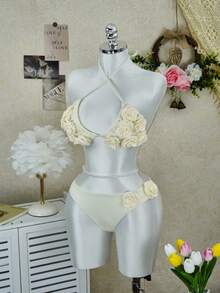 26SS Women's 2-Piece Elegant Rose Decor Criss-Cross Tie Bikini Set, Women's Summer Holiday Split Bikini Swimwear Set, Suitable For Beach, Pool, Party, Holiday Gift - White - View 3