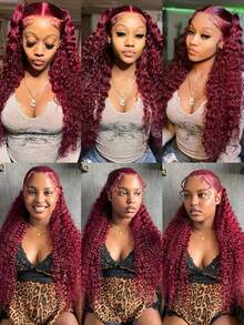 NARNI 30 Inch 99j Burgundy Lace Front Wigs Human Hair 13x4 Deep Wave HD Lace Front Wigs Pre Plucked With Baby Hair 250 Density Glueless Wet And Wavy Red Wine Colored Wigs Human Hair For Women 100% Brazilian Virgin Curly Lace Frontal Wigs - S99J - 查看 10
