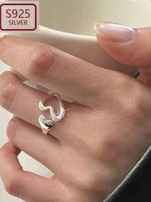 1枚S925纯银极简镂空心形开口戒指，女士清新优雅百搭指节/中指戒指，独特心形戒指礼品 - 鏤空愛心 - 查看 6