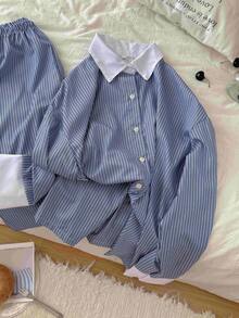 Nina Bonheur 2pcs Women Striped Button-Front Long Sleeve Pajama Set + Drawstring Waist Pants, Cute Sleepwear Suit - Blue - View 8