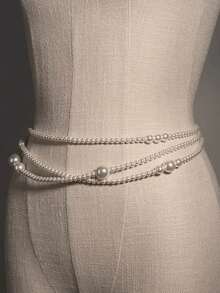1pc Elegant Premium White Pearl Waist Chain Summer, School Fall, Autumn, Halloween,Metal Chain Decorative Belt For Women, Simple Yet Versatile Dress, Fashionable Body Chain, Circular Hollow Waist Chain,Graduation Gifts, Birthday, Daily Wear,Women's Belt, Athletic, Travel, Street, Boho, Vintage Fall - 彩色 - 查看 6