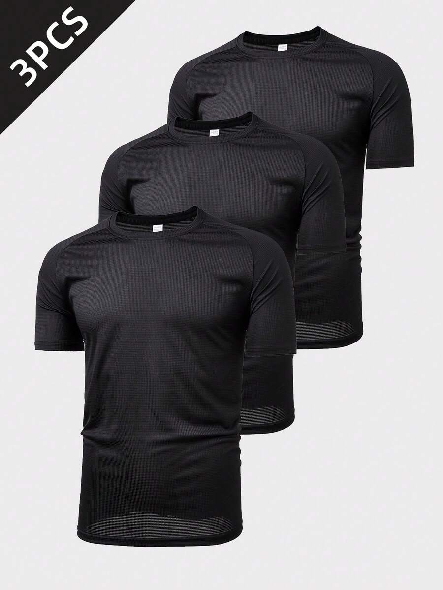 Bộ 3 áo thun nam nhẹ, thoáng khí, nhanh khô, màu trơn, cổ tròn, tay ngắn, kiểu dáng rộng rãi, thích hợp cho hoạt động thể thao ngoài trời, chạy bộ, mùa hè. - màu đen - Xem 1