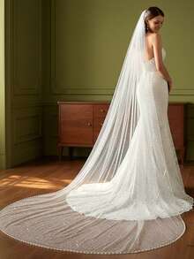 1件3米长闪亮手工串珠新娘头纱，适合搭配婚纱和教堂式婚礼 - 米色 - 查看 8