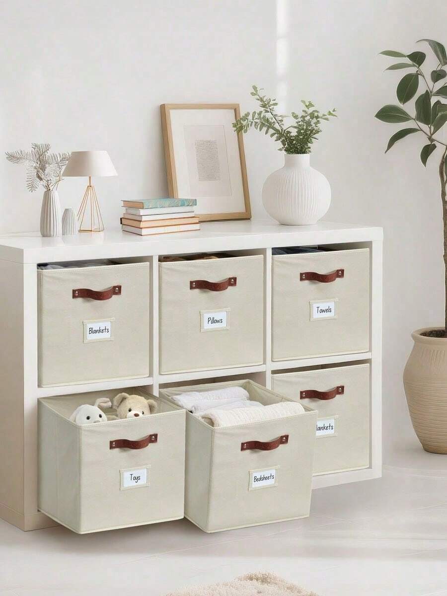 DECOMOMO 3/6Pcs Clothes Orgainzer, Foldable Fabric Cube Storage Bins With Labels – Versatile Storage Boxes For Shelves, Closets & Home Organization - 米色 - 查看 1