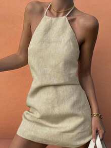 Women's Fashionable Versatile Elegant Tie-Up Sleeveless Mini Skirt, Suitable For Spring/Summer - Apricot - View 2