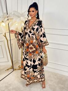 AIJ Amarilo Women's Elegant Floral Print Deep V-Neck Flare Sleeve Dress - Brown - View 5