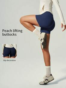 UONNOU 1pc Women's Casual Sports Shaping Shorts, Peach Butt Lifting Cinched Waist High Elastic Seamless Yoga Shorts, Spring/Summer Style - Navy Blue - View 3