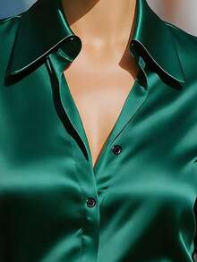 YI XUAN Women's Elegant Solid Color Satin Splice Sheer Sleeve Blouse, Suitable For Office, Vacation And Daily Holiday Wear, Olive Green Summer - Dark Green - View 4